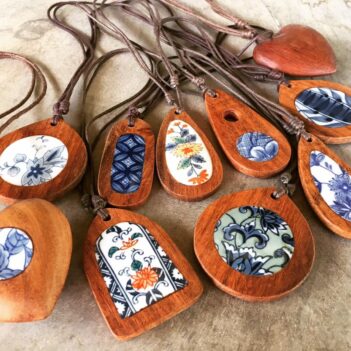 Vintage Japanese Porcelain and Hardwood Pendants Fair Trade from Cambodia