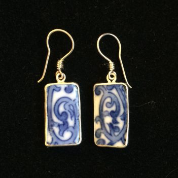 Vintage Japanese Porcelain Rectangular Sterling Silver Earings - Image 3