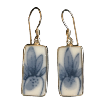 Vintage Japanese Porcelain and Brass Rectangle Earrings
