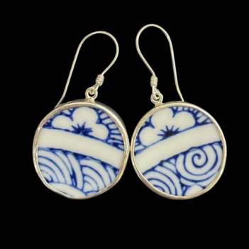 Vintage Japanese Porcelain Round Sterling Silver Tribal Earrings